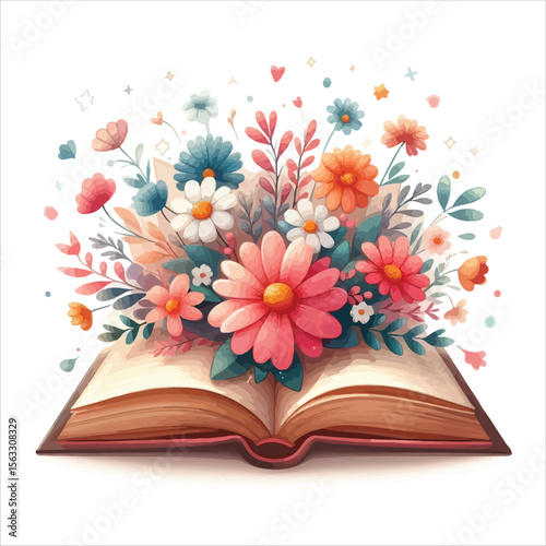 Vector art of an open book with a vibrant floral arrangement isolated on white background