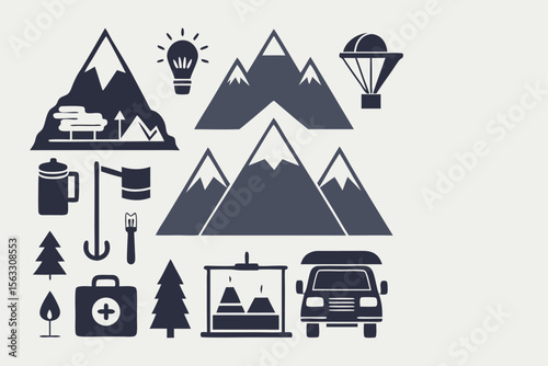 Mountain Adventure Icons Travel, Camping, and Exploration Symbols