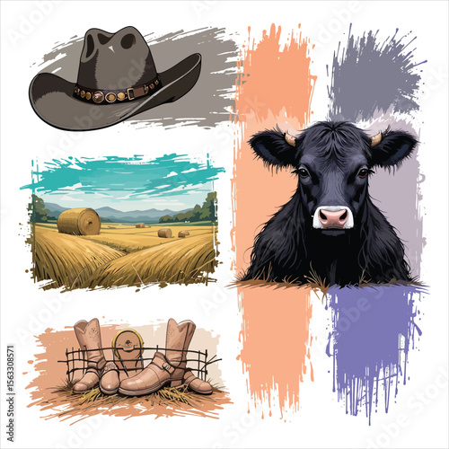 Vector art of a cowboy hat, boots, and cow in a rural landscape