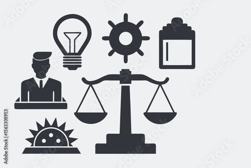 Justice, Law, and Legal Scales Icon Set  Concepts of Fairness, Balance, and Leadership