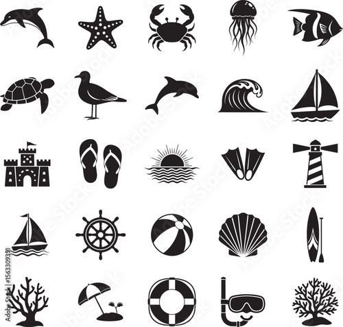 Collection of seaside and marine icons in silhouette style