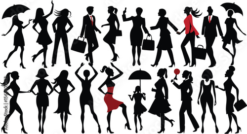 Vector art of a diverse collection of twentyfour business people silhouettes, showcasing various poses and actions, isolated on transparent background