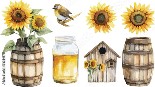 Watercolor Illustration of Sunflowers Bird Birdhouse Jar and Barrel on White