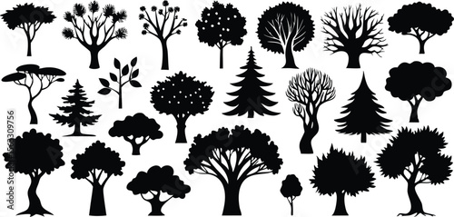 Vector art of a diverse collection of twentyfour tree silhouettes, showcasing a variety of shapes and styles, isolated on transparent background