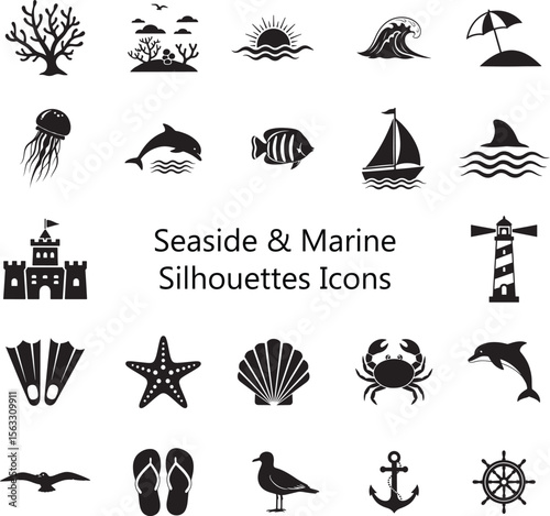 Collection of seaside and marine icons in silhouette style
