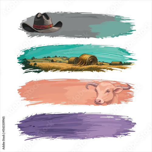 Vector art of cowboy hat, hay bales, and cattle on brush stroke banners isolated on white
