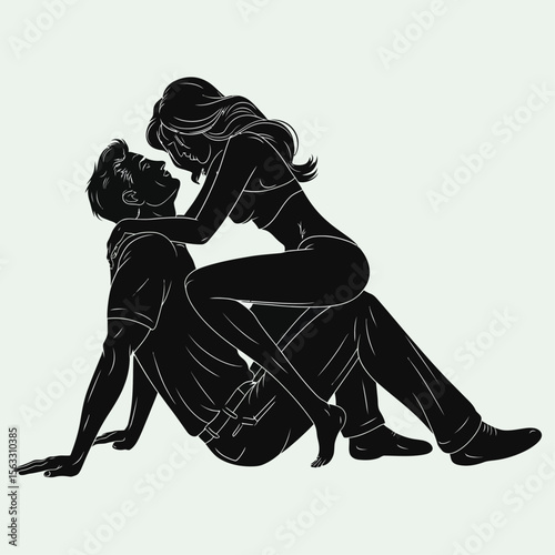A black-and-white silhouette of a couple sharing an intimate moment, with the woman sitting on the man's lap in a close embrace. The scene conveys passion, intimacy, and affection.

