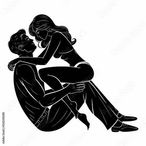 A black-and-white silhouette of a couple sharing an intimate moment, with the woman sitting on the man's lap in a close embrace. The scene conveys passion, intimacy, and affection.

