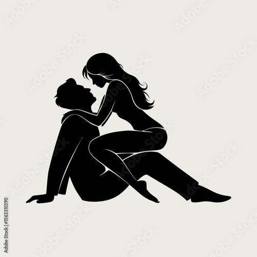 A black-and-white silhouette of a couple sharing an intimate moment, with the woman sitting on the man's lap in a close embrace. The scene conveys passion, intimacy, and affection.

