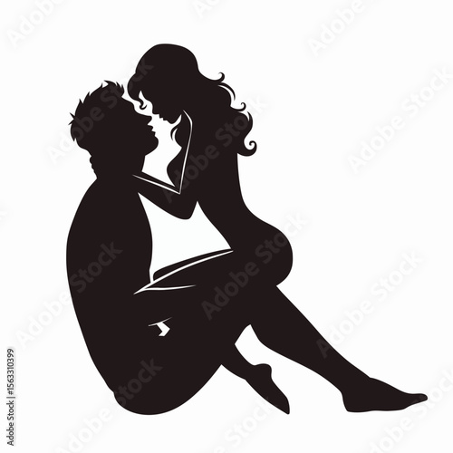 A black-and-white silhouette of a couple sharing an intimate moment, with the woman sitting on the man's lap in a close embrace. The scene conveys passion, intimacy, and affection.

