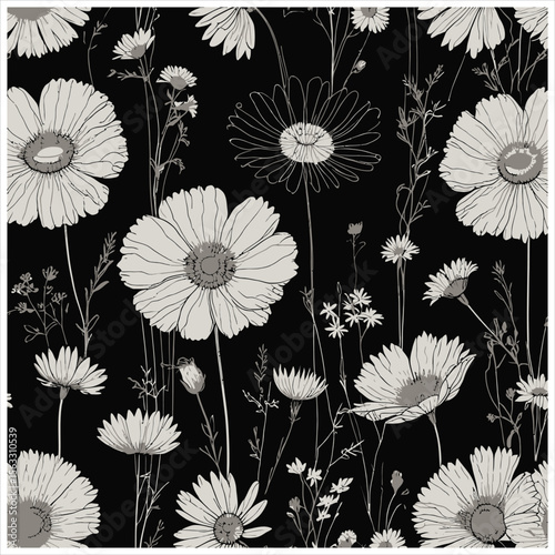 Vector art of a monochrome daisy pattern creates a vintage floral wallpaper design