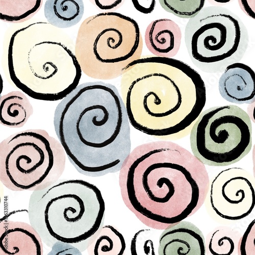 Seamless watercolor hand drawn pattern with swirls, spirals, curves, circles