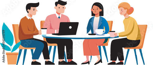 This collection of images depicts illustrations of business meetings or team collaborations, with people gathered around tables and interacting