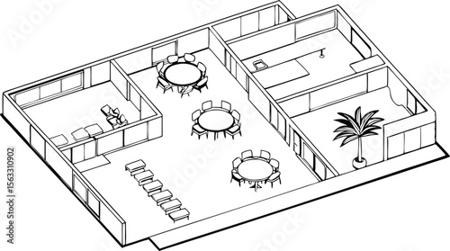 Vector art of isometric floor plan of a modern office building with multiple rooms, meeting tables, and chairs, isolated on transparent background