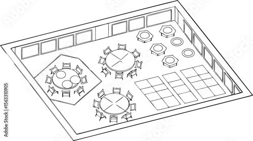 Vector art of a detailed floor plan illustrates the layout of a modern room with multiple round tables and chairs, arranged in a spacious and organized setting