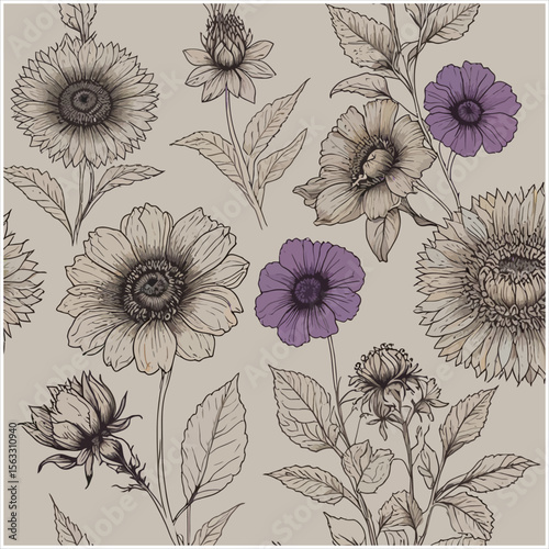 Vector art of a seamless floral pattern with sunflowers and dahlias in neutral tones