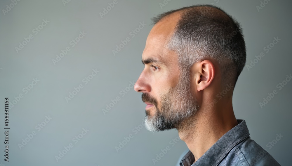 Fototapeta premium Profile portrait man with grey hair thinning hairline. Side view mature male with beard in daylight. Baldness, trichology concept. Health, medical, personal grooming, cosmetic, appearance, ageing