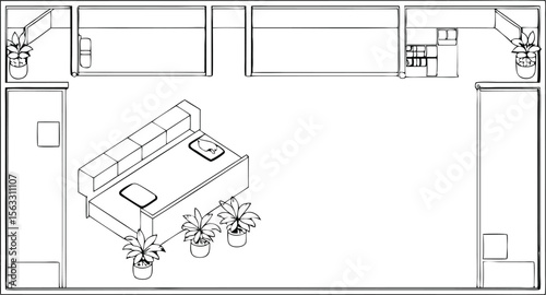 Vector art of isometric floor plan of a modern office building with a reception area and plants, isolated on transparent background