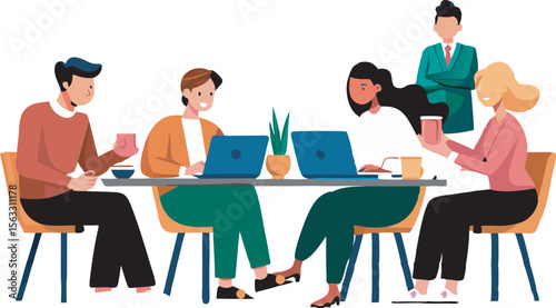 This collection of images depicts illustrations of business meetings or team collaborations, with people gathered around tables and interacting