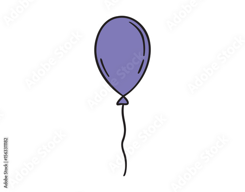 Purple cartoon one helium balloon or gel balloon flying doodle hand drawn icon. Outline line drawing clipart symbol