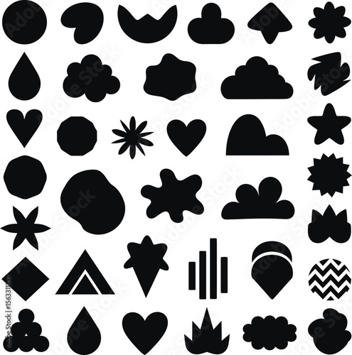 A collection of vintage black and white vector icons, including poker card illustrations, weather symbols like sun and cloud, and fashion accessories such as hats and mustaches