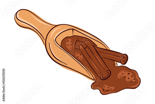 Illustration of wooden scoop with cinnamon sticks and powder on white background in flat style. Design for spice, food, baking ingredient and culinary decoration theme.