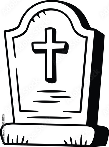 Hand Drawn Tombstone Vector Illustration – Grave with Cross Line Art Design