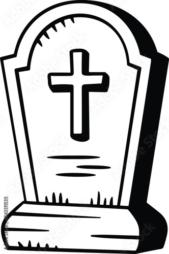 Tombstone Line Art Vector – Hand Drawn Grave with Cross Outline Illustration