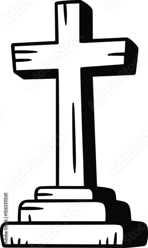 Hand Drawn Cross Gravestone Vector – Religious Tombstone Line Art Illustration