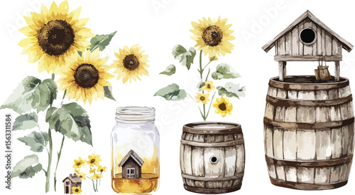 Watercolor Sunflower and Barrel Illustration with a Tiny House Element