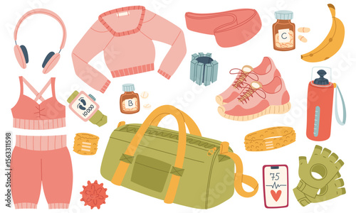 set of women's items for training, sports. Clothing, sneakers, bag, phone, water bottle, weights, bandage. Flat color illustration. For articles, blogs, fitness ads, healthy lifestyle, workouts, apps