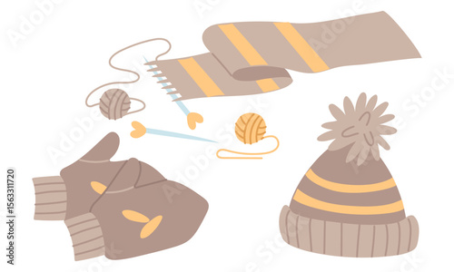 set of knitted winter accessories. Mittens, hat with pompom and an unfinished knitted scarf. flat color illustration. Suitable for blogs, articles, postcards, website design, and handmade advertising