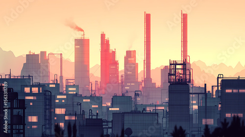 A city skyline with a large industrial area in the background. The sky is orange and the buildings are mostly white