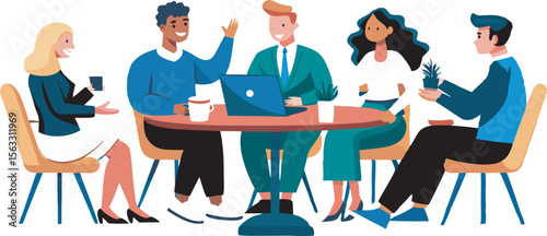 This collection of images depicts illustrations of business meetings or team collaborations, with people gathered around tables and interacting