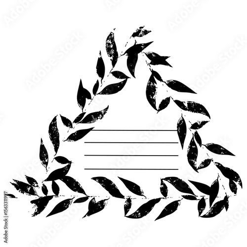 Frame triangle with leaves of poorly printed texture Worn print, Distressed print. Vector illustration with stripes for inscriptions. Template for notebooks, notebooks as a main page. Black on a white