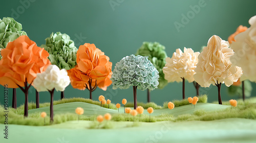 A field of trees with some of them being white and some of them being green. The trees are arranged in a way that they look like they are standing in a line. The image has a peaceful and serene mood