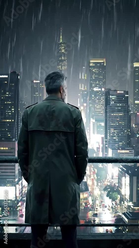 Solitary figure in trench coat gazes from high-rise balcony over vibrant, neon-drenched cityscape at night, with falling rain creating shimmering street reflections.