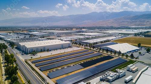 Aerial perspective showcases an industrial park using solar panels for sustainable energy, nestled near scenic mountains and cloudscape.