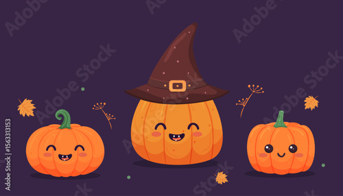 Three smiling pumpkins with adorable faces, one wearing a witch hat, dark purple background, concept of Halloween fun