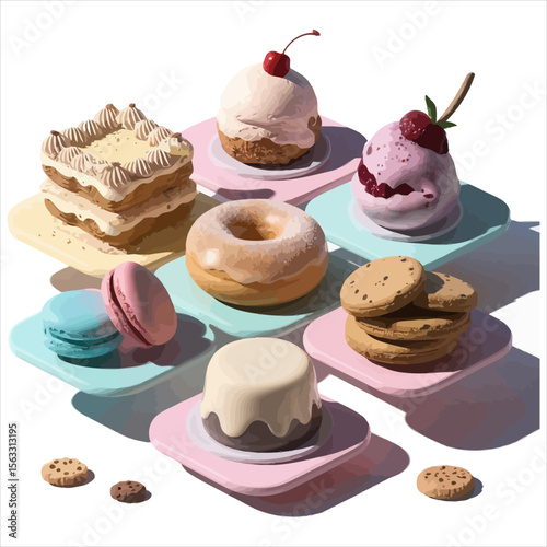 Vector art of an assortment of desserts isolated on white background