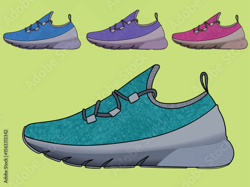 Shoes Sneakers Vector, running shoe vector illustration, shoe isolated, casual shoes hand-drawn collection full color,  Concept of fashion shoes. Vector illustration