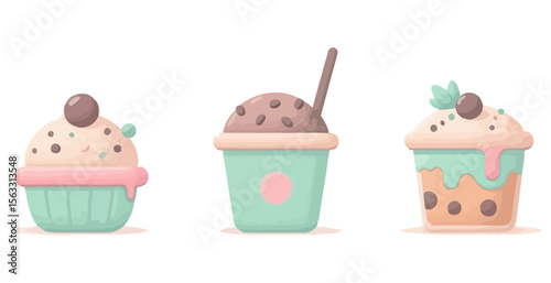 Vector art of cartoon cupcakes and drinks isolated on white background