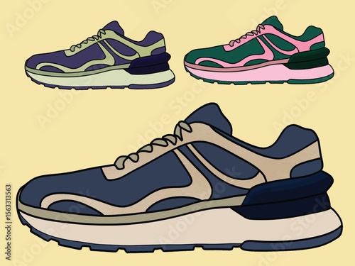 Shoes Sneakers Vector, running shoe vector illustration, shoe isolated, casual shoes hand-drawn collection full color,  Concept of fashion shoes. Vector illustration