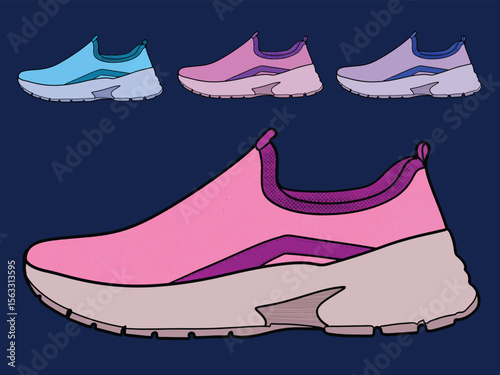 Shoes Sneakers Vector, running shoe vector illustration, shoe isolated, casual shoes hand-drawn collection full color,  Concept of fashion shoes. Vector illustration