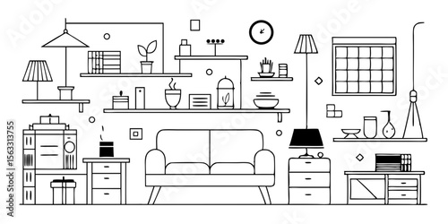 Vector art of a modern and simple line art illustration of a living room interior with furniture and decor isolated on transparent background