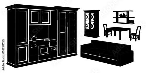 Vector art of a black silhouette set of various living room, kitchen and dining room furniture isolated on transparent background