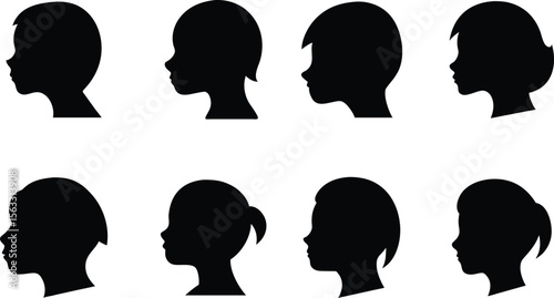 Black Head Silhouette Icon Set – Hairstyle Variants for Profile Design, Character Creation, and Visual Branding