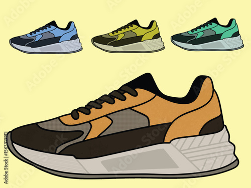 Shoes Sneakers Vector, running shoe vector illustration, shoe isolated, casual shoes hand-drawn collection full color,  Concept of fashion shoes. Vector illustration
