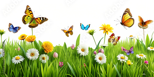  lush grass with flowers and butterflies  isolated on white background  PNG , AI GENERATED