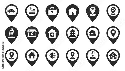 Vector art of a set of twentyfour location marker icons, isolated on transparent background, ideal for mapping and navigation applications